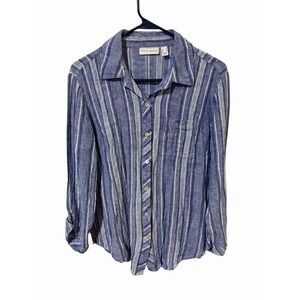 Susan Graver Size Small Blue Linen Blend Button Down Roll Tab‎ Blouse Top